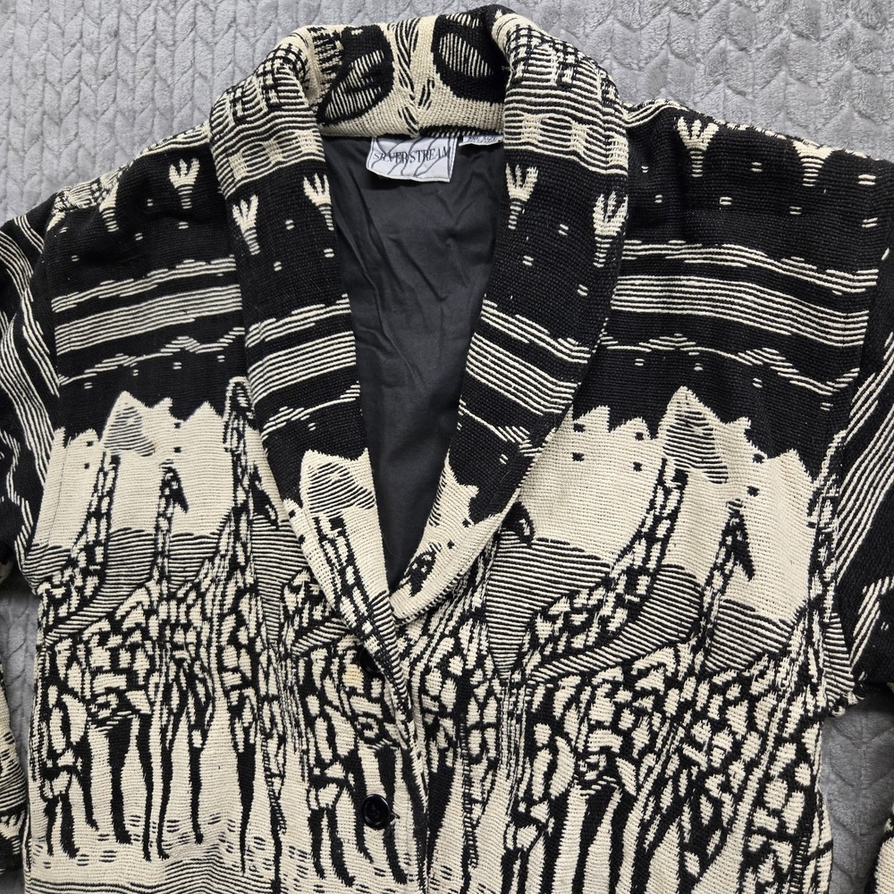 Vintage Tapestry Blazer Art To Wear African Safari Giraffe Silver Stream‎ M/L